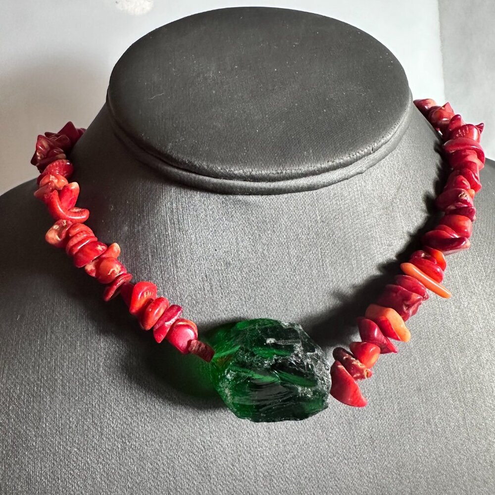 Green Sea Glass Red Coral Pendant Sterling Silver Necklace 925 Handmade Beach - Picture 4 of 11